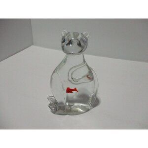 Vintage Art Glass Clear Glass Paperweight 6in Cat Swallowed A Goldfish Murano